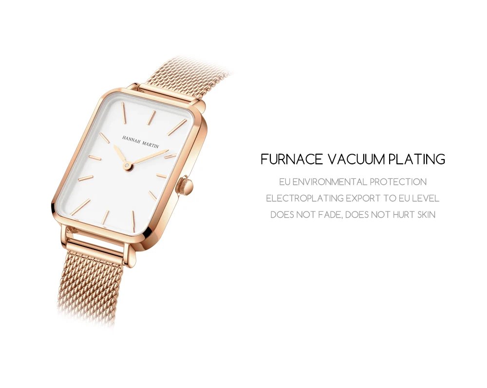 Square Women Stainless Steel Mesh Strap Watch Fashion Japanese Movement Rose Gold Simple Leisure Fashion Hannah Martin Watches