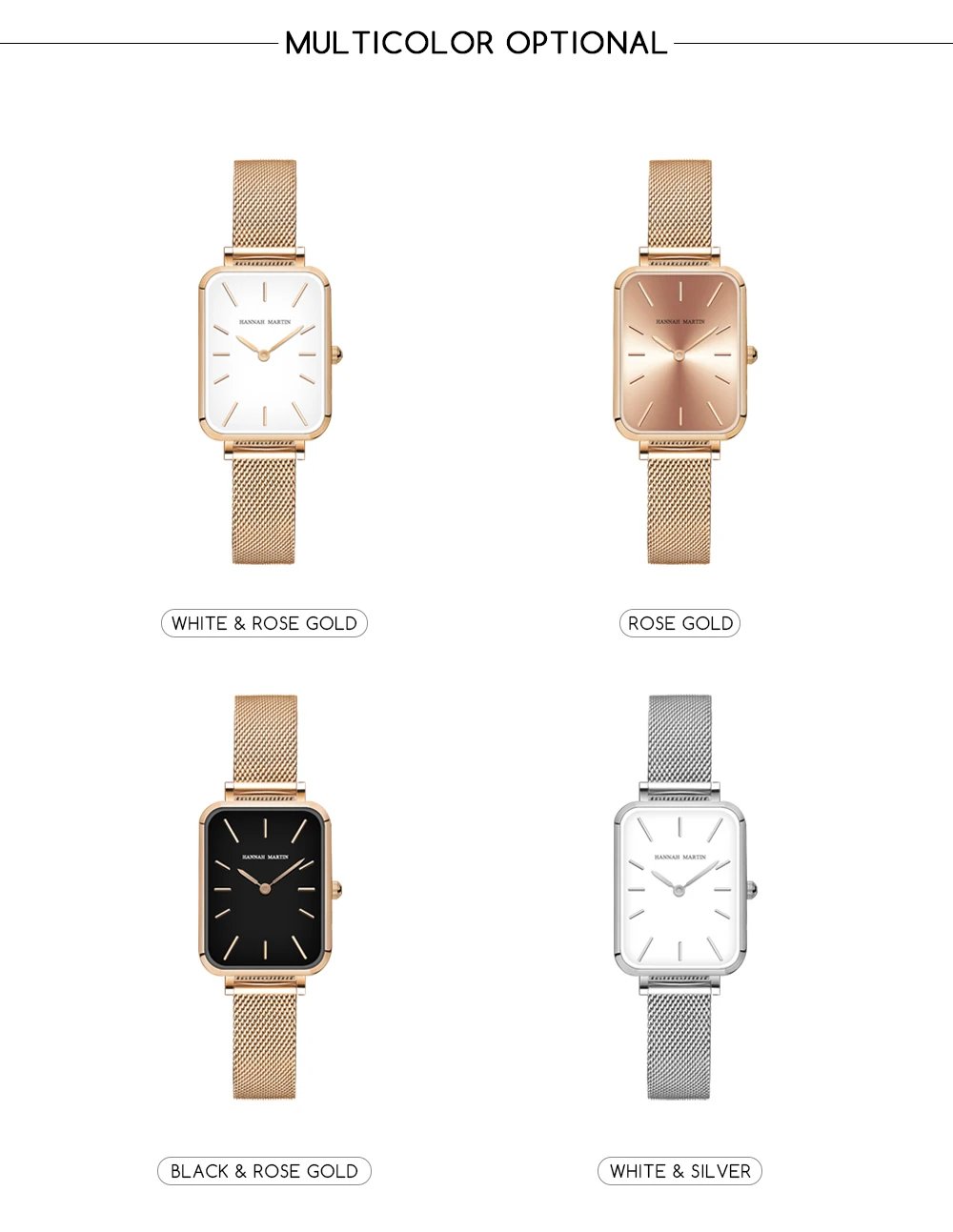 Square Women Stainless Steel Mesh Strap Watch Fashion Japanese Movement Rose Gold Simple Leisure Fashion Hannah Martin Watches