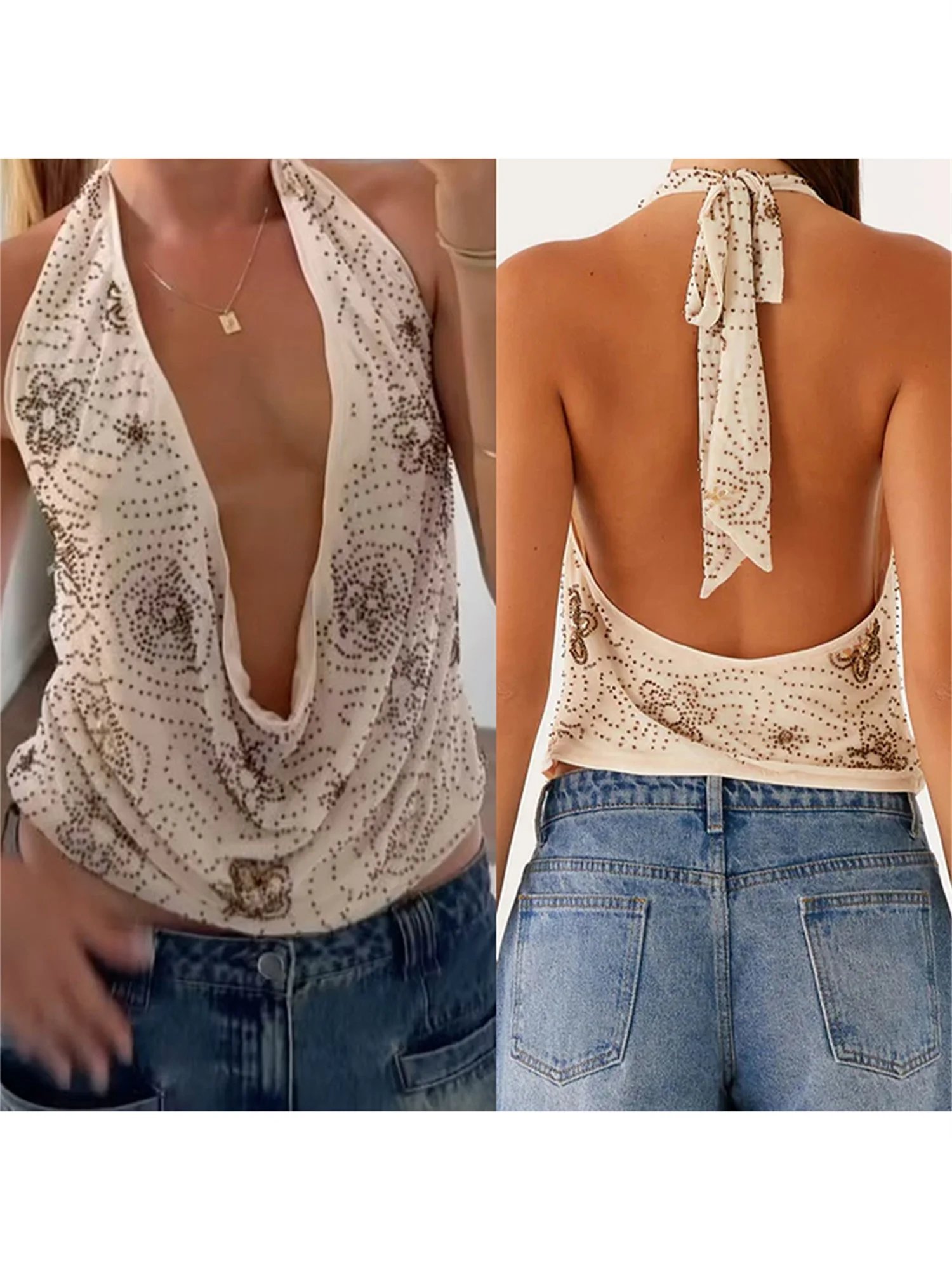 Women Tank Tops Embroidered Lace V-Neck Sleeveless Blouse Summer Casual Vest Backless Halter Neck Streetwear Fashion Tops