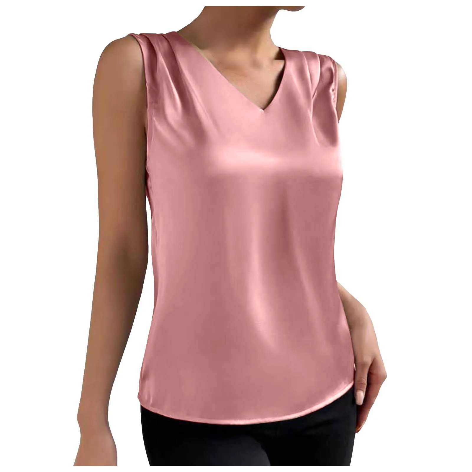 Coffee Tops For Women Summer V Neck Casual Soild Color Satin Sleeveless Basic Vest Shirt Fashionable Simple Apparel Shirts
