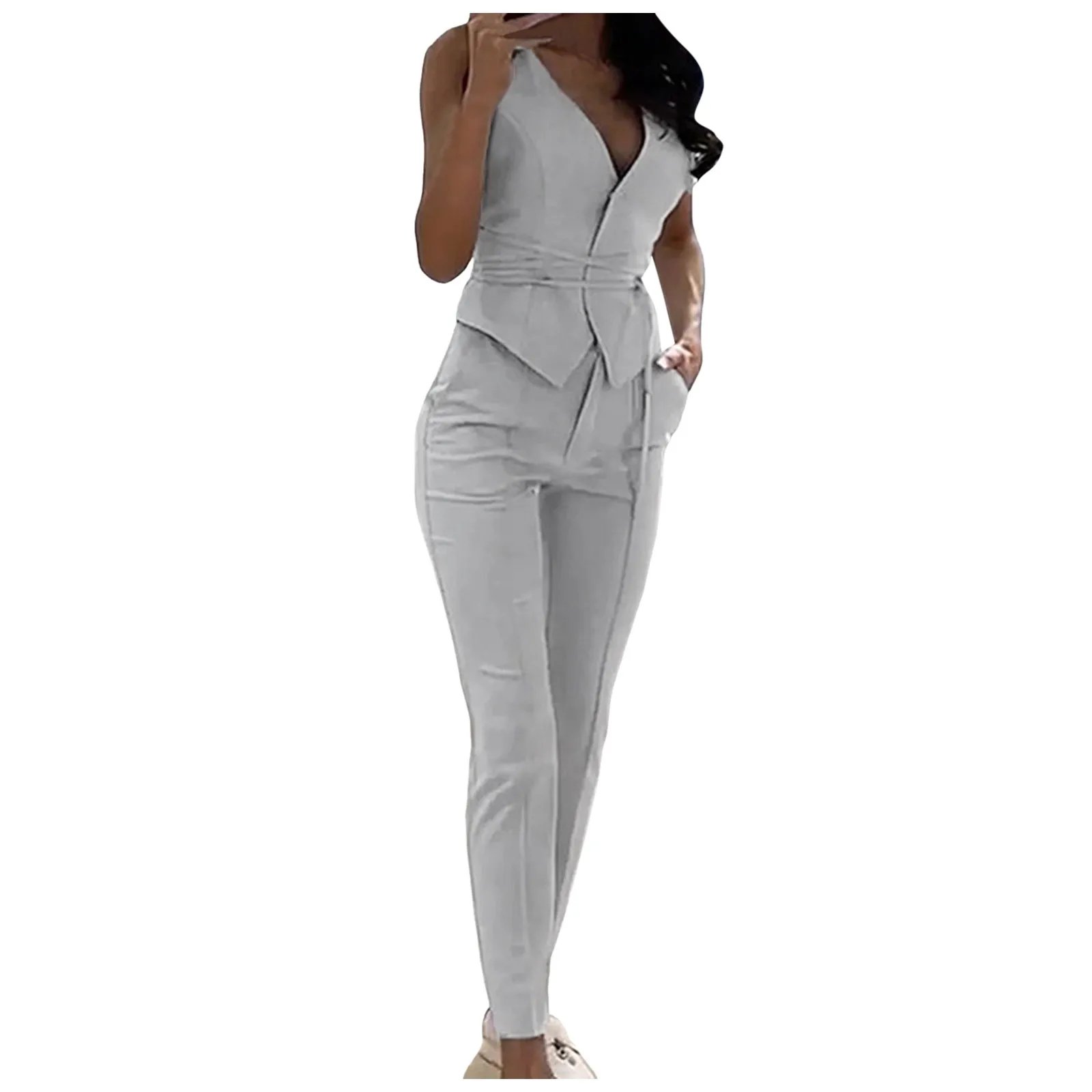 Elegant Suit Pants Two 2 Piece Sets Soild V-Collar Top Trousers Outfits For Women Fashion Streetwear Set Summer Two Piece Outfit