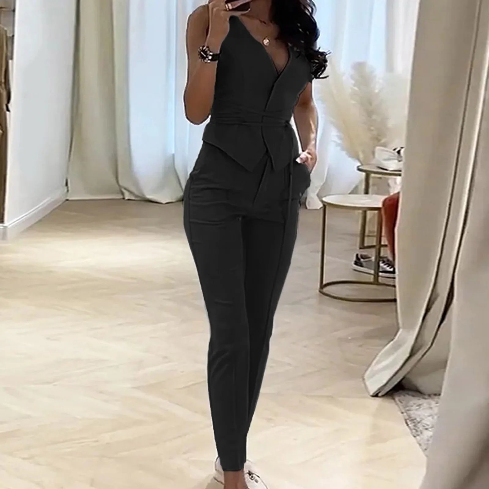 Elegant Suit Pants Two 2 Piece Sets Soild V-Collar Top Trousers Outfits For Women Fashion Streetwear Set Summer Two Piece Outfit
