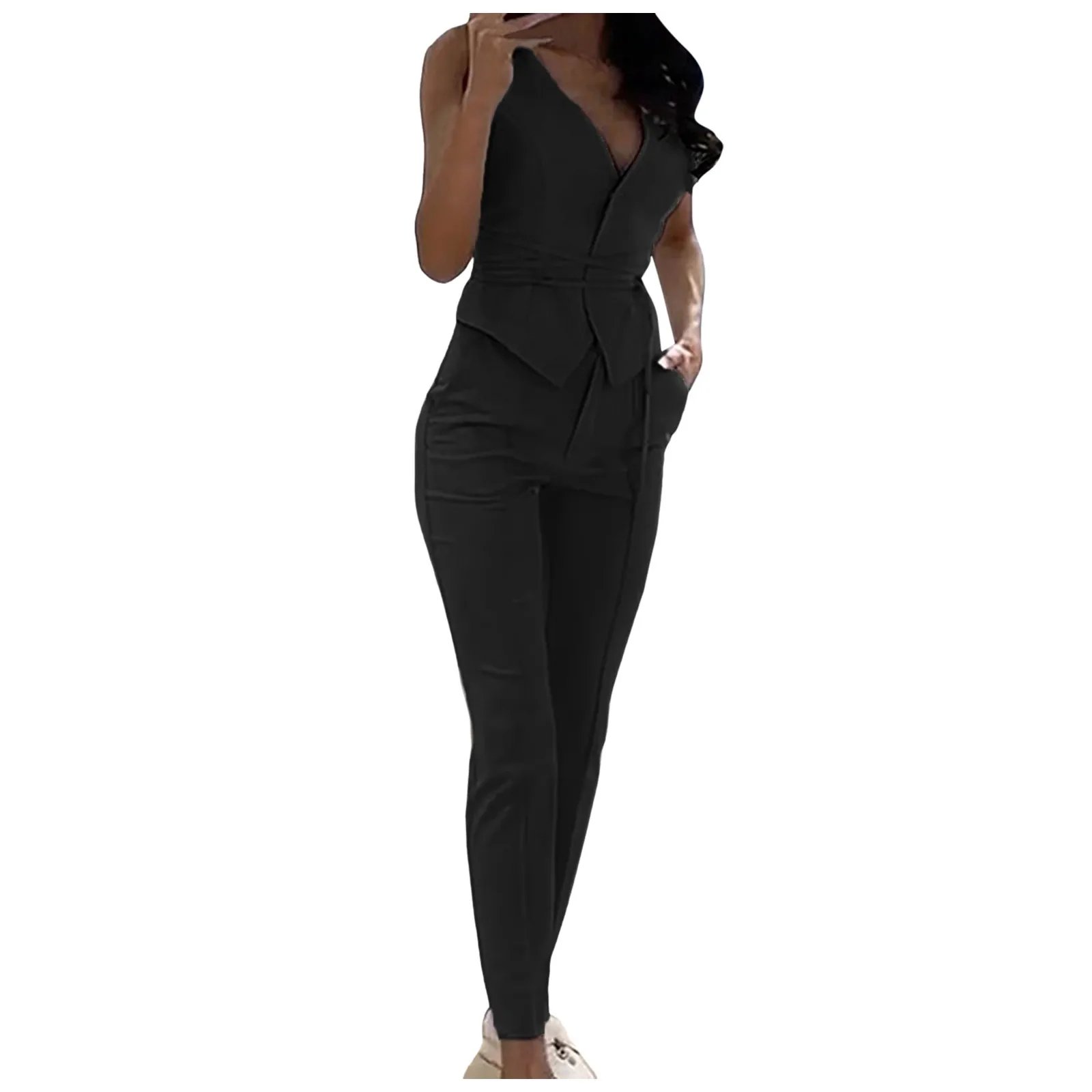 Elegant Suit Pants Two 2 Piece Sets Soild V-Collar Top Trousers Outfits For Women Fashion Streetwear Set Summer Two Piece Outfit