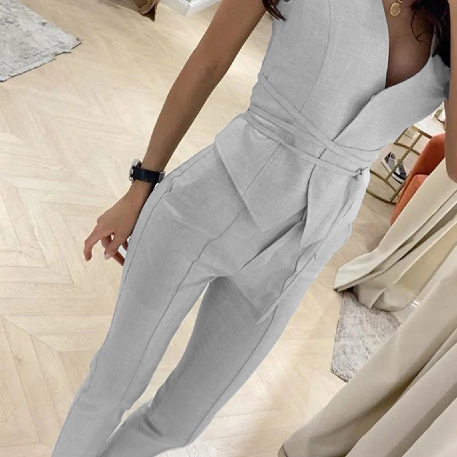 Elegant Suit Pants Two 2 Piece Sets Soild V-Collar Top Trousers Outfits For Women Fashion Streetwear Set Summer Two Piece Outfit