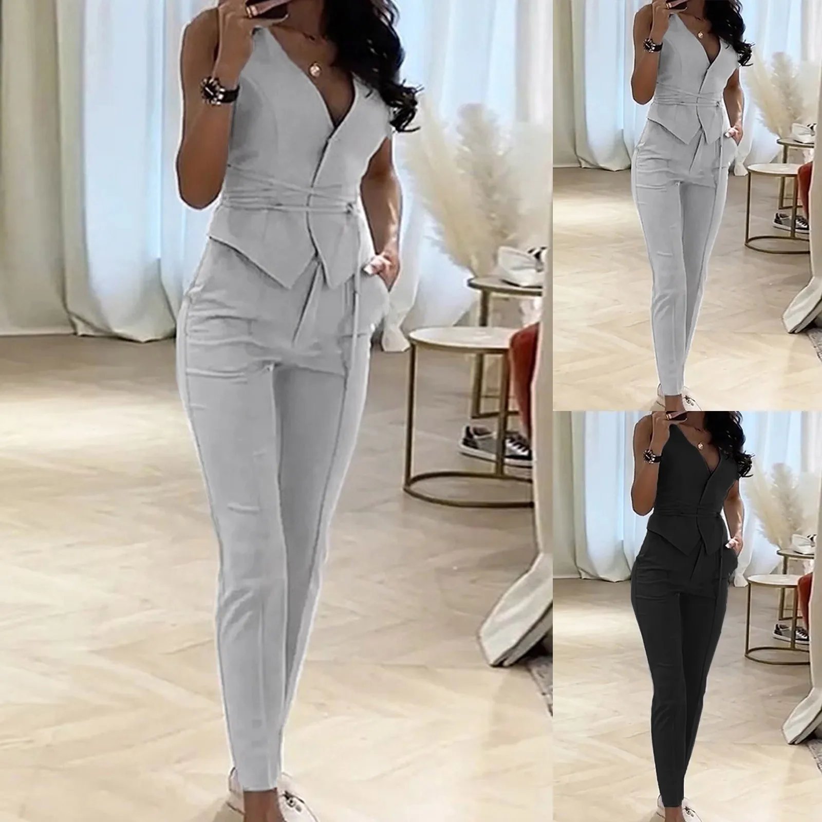Elegant Suit Pants Two 2 Piece Sets Soild V-Collar Top Trousers Outfits For Women Fashion Streetwear Set Summer Two Piece Outfit