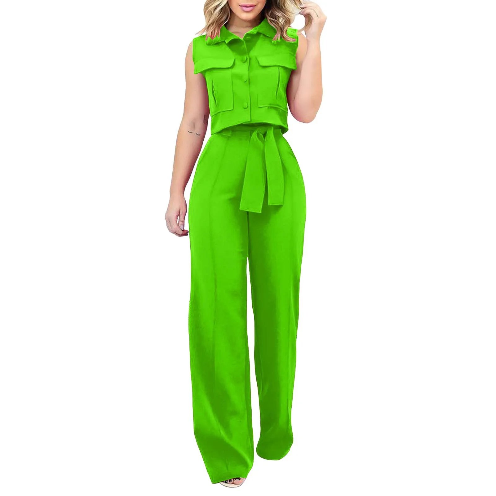 Fashion Women'S Two Piece Set Casual Suits Sleeveless Summer Lace Up Trousers Fall Straight Office Ladies Korean Fashion Clothes