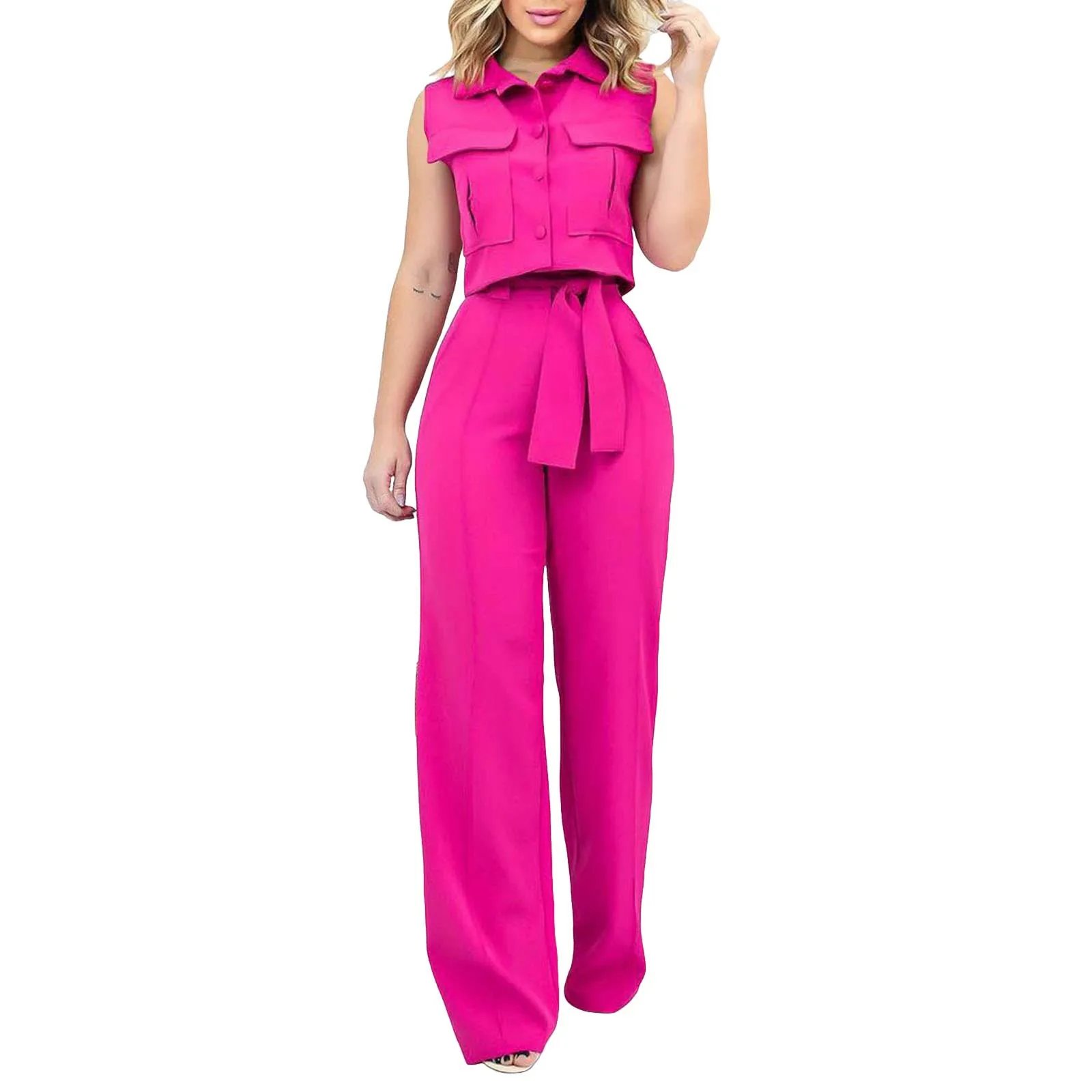 Fashion Women'S Two Piece Set Casual Suits Sleeveless Summer Lace Up Trousers Fall Straight Office Ladies Korean Fashion Clothes