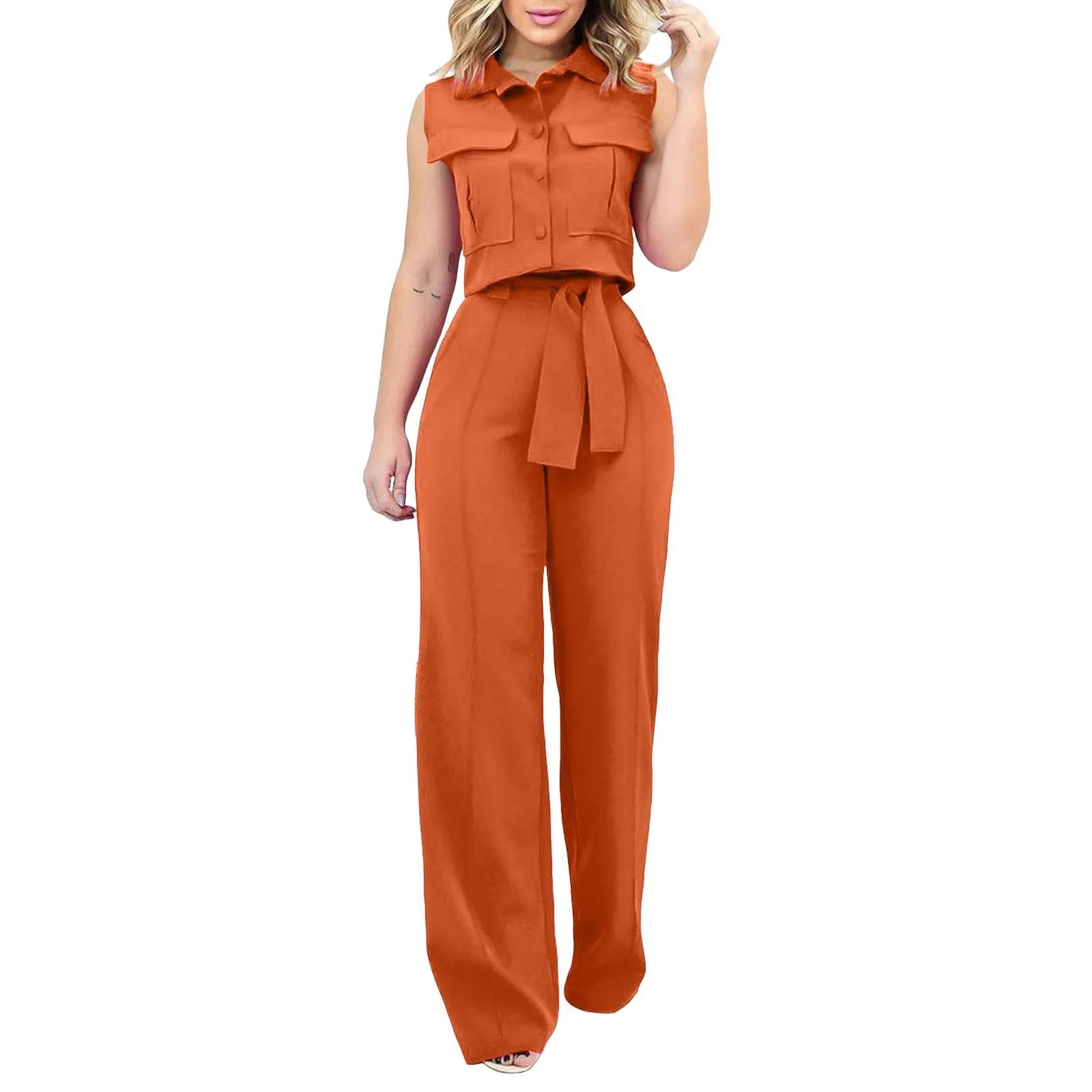 Fashion Women'S Two Piece Set Casual Suits Sleeveless Summer Lace Up Trousers Fall Straight Office Ladies Korean Fashion Clothes