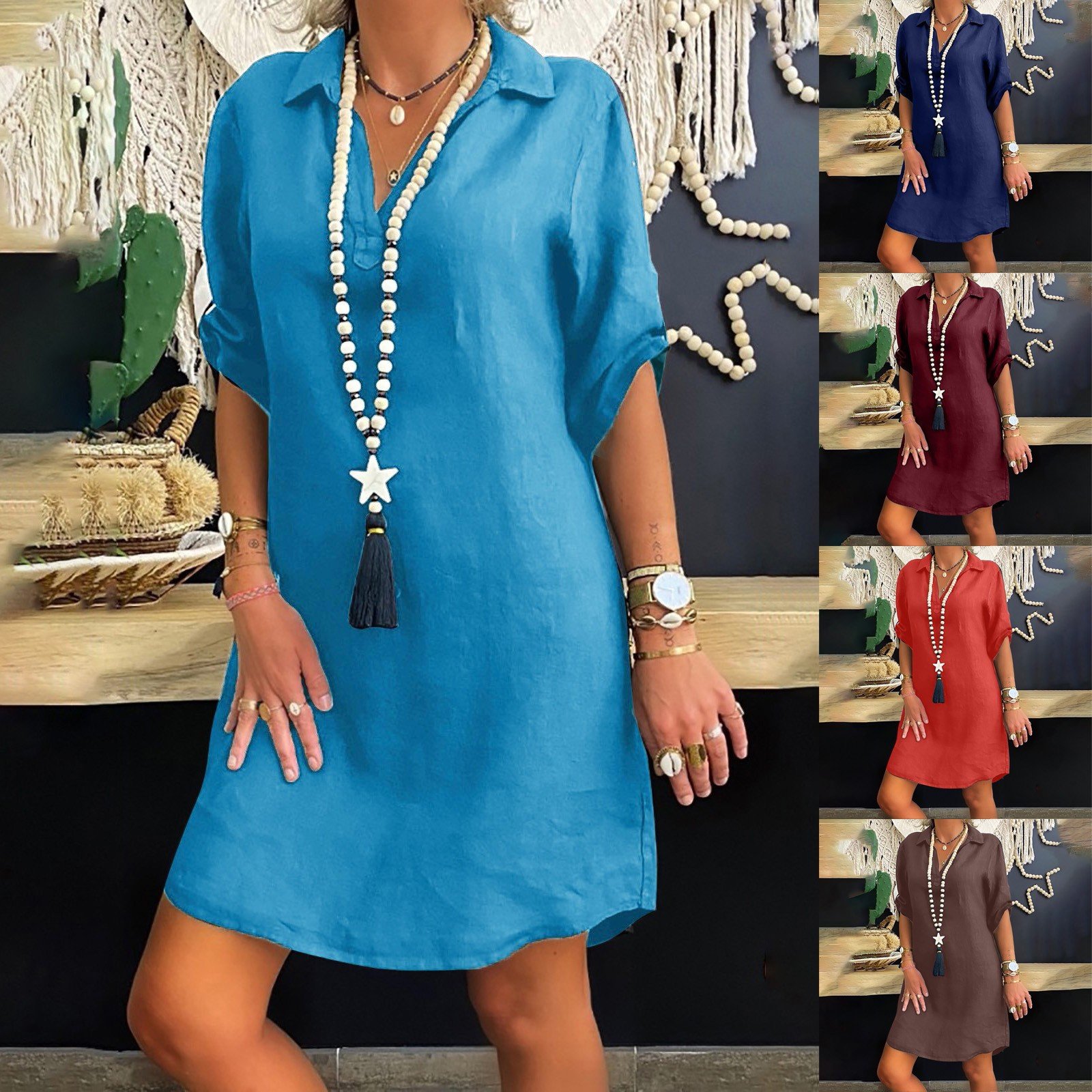 Elegant Classy Dresses For Women 2024 Solid Color Cotton Linen Dress Turndown Collar Loose Half Sleeves Shirt Dress