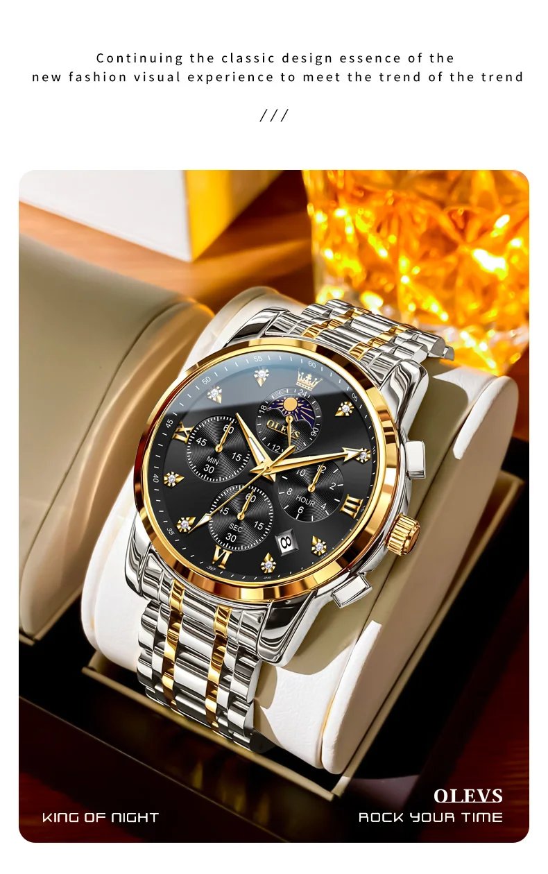 OLEVS Top Luxury Brand Men's Watches Moon Phase Chronograph Quartz Watch for Man Gold Stainless Steel Luminous Original Watch
