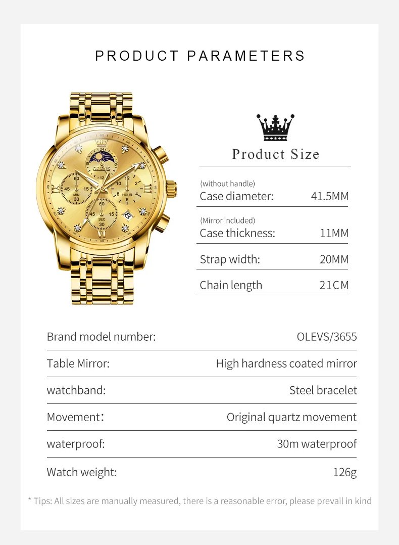 OLEVS Top Luxury Brand Men's Watches Moon Phase Chronograph Quartz Watch for Man Gold Stainless Steel Luminous Original Watch
