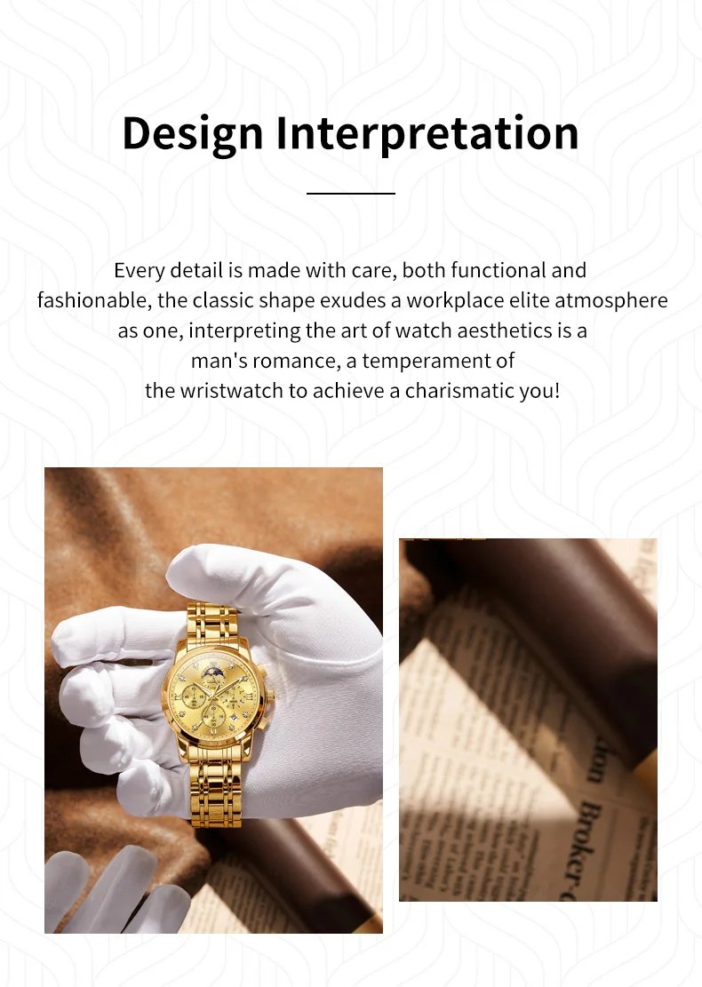 OLEVS Top Luxury Brand Men's Watches Moon Phase Chronograph Quartz Watch for Man Gold Stainless Steel Luminous Original Watch