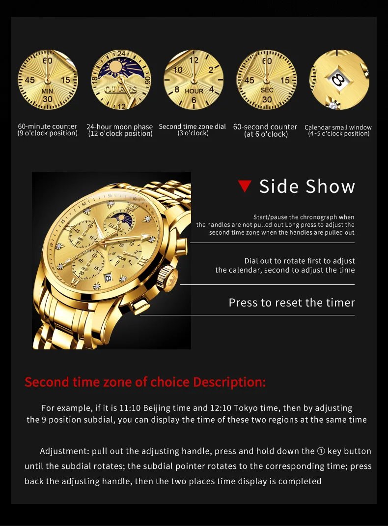 OLEVS Top Luxury Brand Men's Watches Moon Phase Chronograph Quartz Watch for Man Gold Stainless Steel Luminous Original Watch