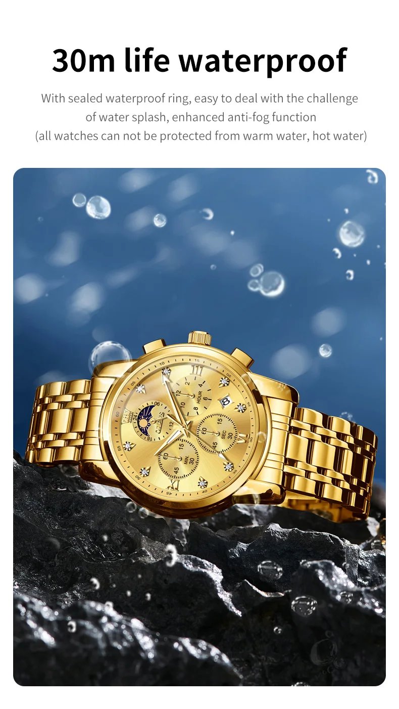 OLEVS Top Luxury Brand Men's Watches Moon Phase Chronograph Quartz Watch for Man Gold Stainless Steel Luminous Original Watch