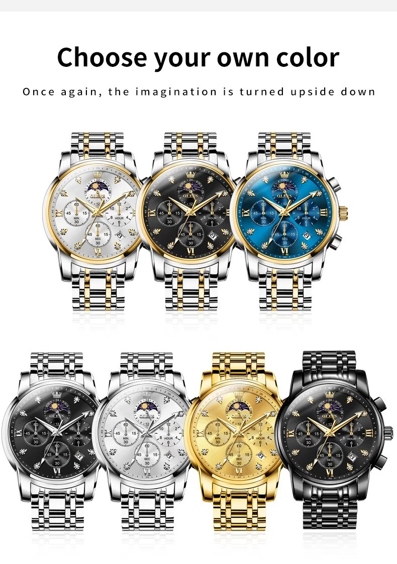 OLEVS Top Luxury Brand Men's Watches Moon Phase Chronograph Quartz Watch for Man Gold Stainless Steel Luminous Original Watch