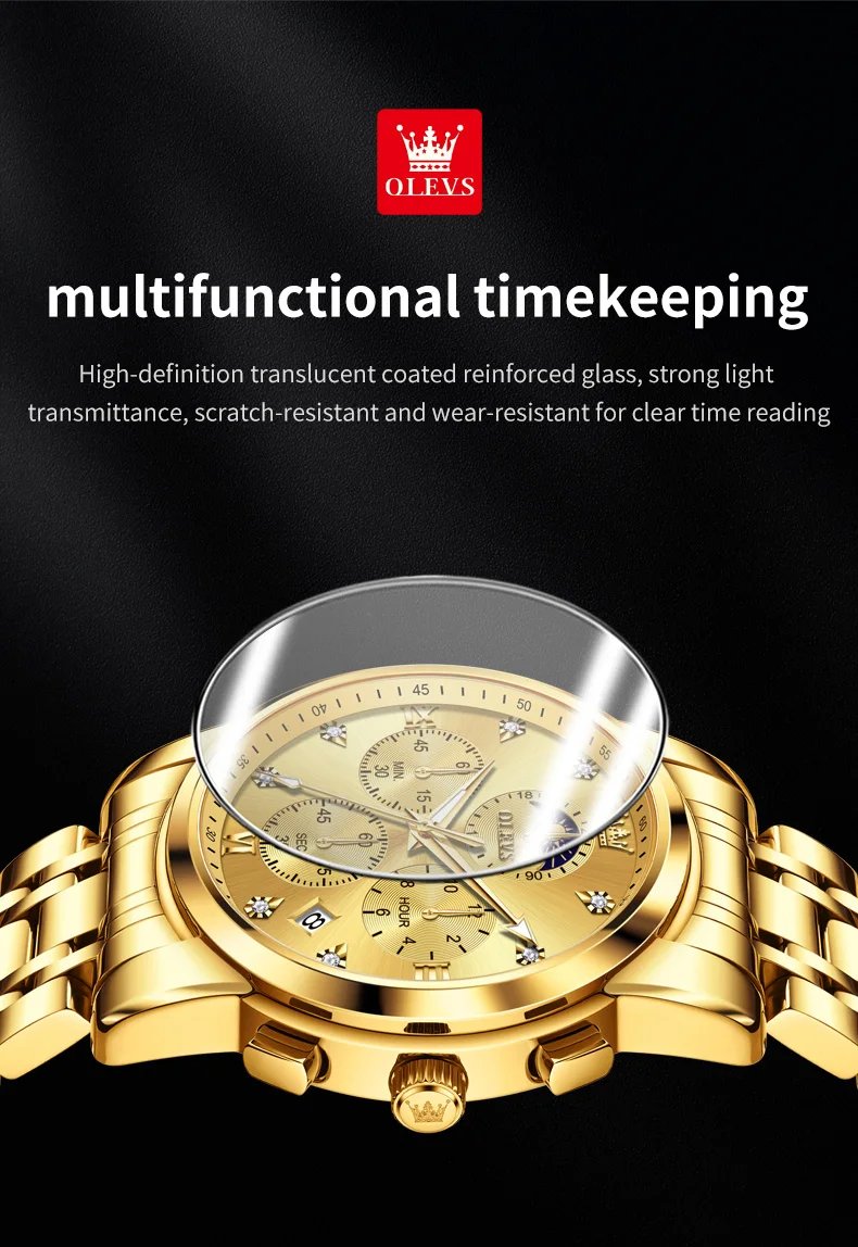 OLEVS Top Luxury Brand Men's Watches Moon Phase Chronograph Quartz Watch for Man Gold Stainless Steel Luminous Original Watch