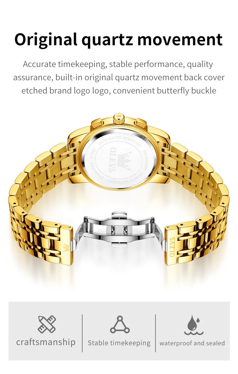 OLEVS Top Luxury Brand Men's Watches Moon Phase Chronograph Quartz Watch for Man Gold Stainless Steel Luminous Original Watch