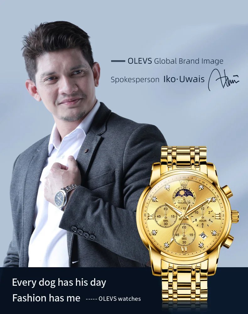 OLEVS Top Luxury Brand Men's Watches Moon Phase Chronograph Quartz Watch for Man Gold Stainless Steel Luminous Original Watch